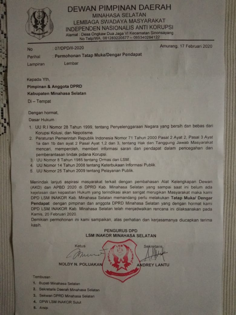 Terbentuknya Alat Kelengkapan DPRD Minsel di Duga Karena Desakan LSM INAKOR